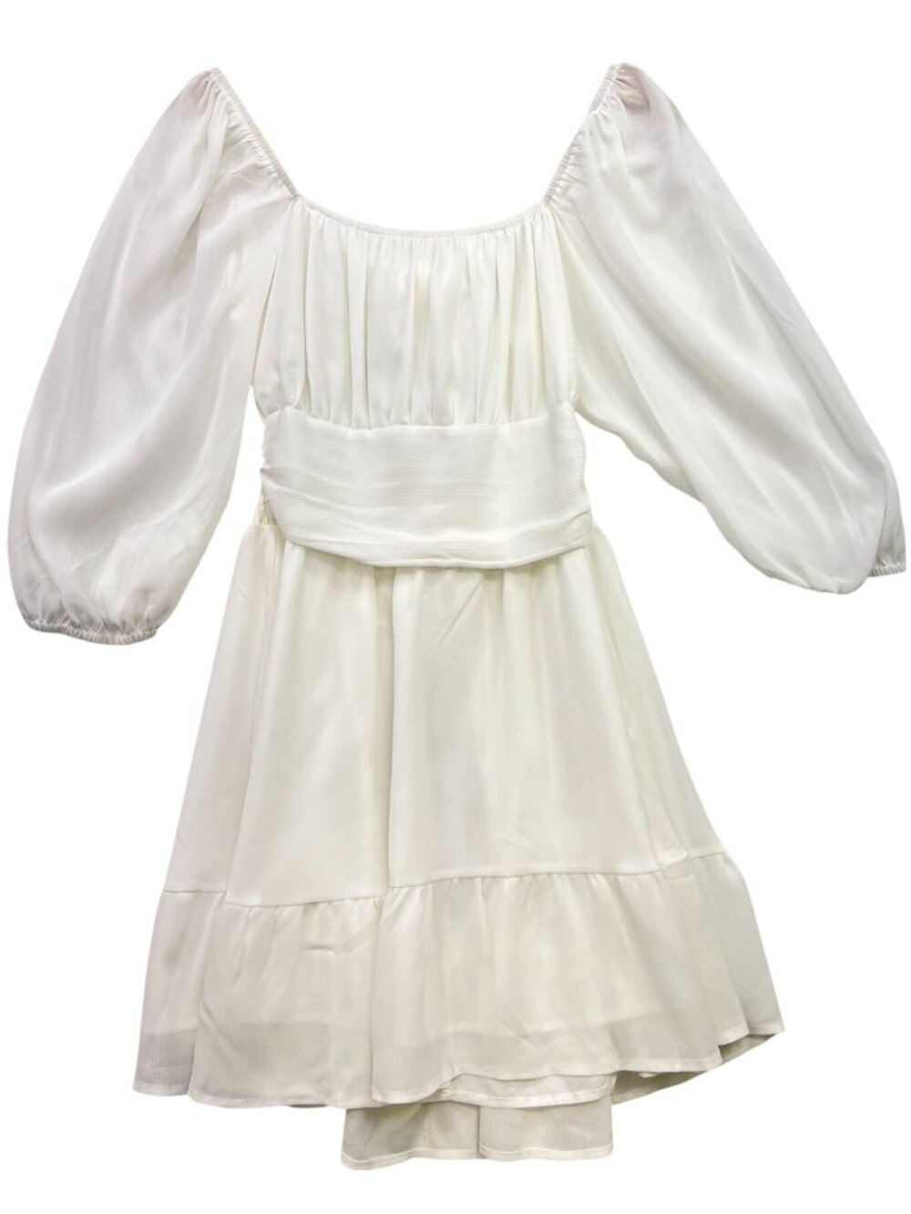 Women's Square Neck Mini Dress Puff Sleeve Size L White Smocked Tie Back - Picture 1 of 12
